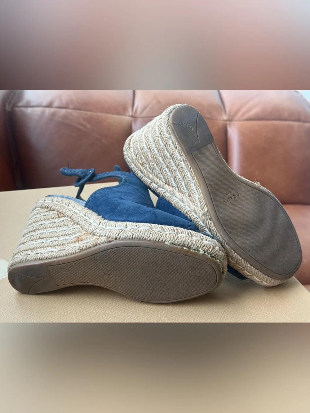 Prada Navy Suede Open-Toe Wedge Espadrilles